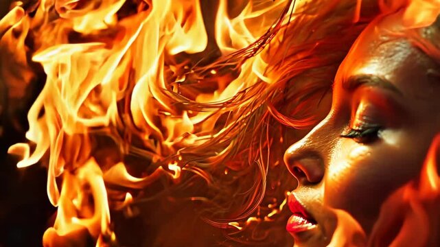 A vivid close-up of a woman surrounded by swirling flames, her intense expression reflects strength and resilience.