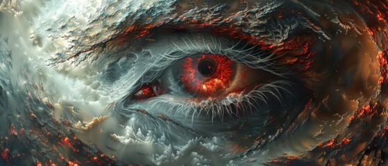 A digital artwork showcases a powerful red eye amidst chaos and flames in a cosmic backdrop, symbolizing vitality and strength amid turmoil.