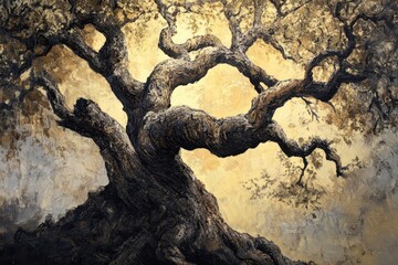 A Painting Depicting a Twisted, Ancient Tree with Rough Bark