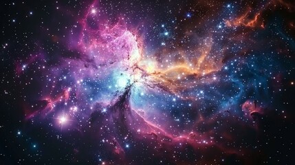 Obraz premium A vivid space image shows a glowing nebula surrounded by a multitude of diverse stars in blue, purple, pink, and red hues. The vast cosmic landscape evokes the infinite beauty of the universe.