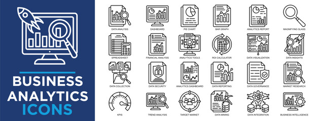 business analytics, business, computer, data, marketing, analytics icon set. Outline icons collection. Simple vector illustration