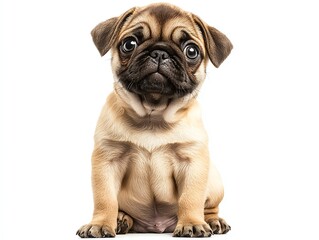 Obraz premium Adorable pug puppy sitting down, showcasing large eyes and a charming expression, perfect for pet lovers and animal enthusiasts.