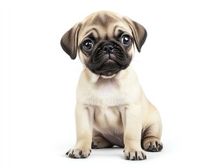 Fototapeta premium Adorable pug puppy sitting with a curious expression, perfect for pet lovers and animal enthusiasts.