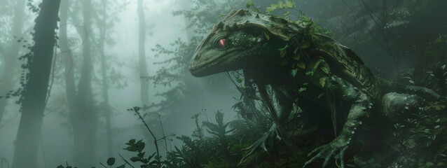 Illustration: green creature with red eyes camouflaged in foggy forest. Eerie, mysterious atmosphere with thick tree trunks.