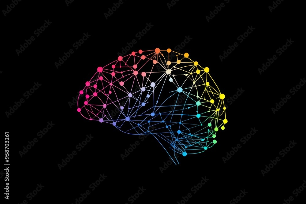 Aufkleber logo of the human brain made from colorful lines connecting dots on a black background generative ai