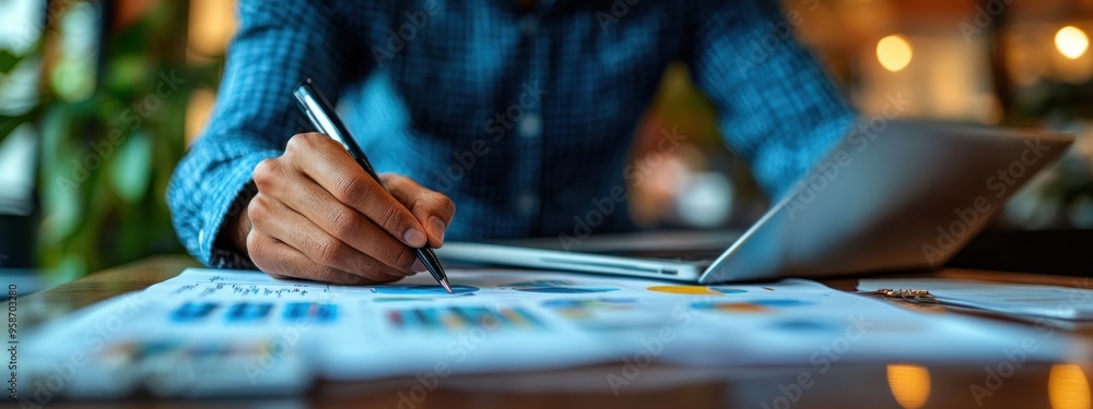 Poster Businessman Working On Finances, Business Analysis & Strategy