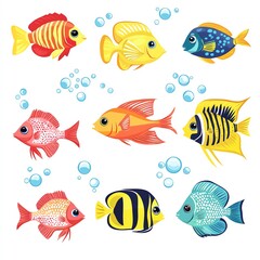 Fototapeta premium Colorful fish swimming in a vibrant underwater scene with bubbles, perfect for marine-themed designs and illustrations.