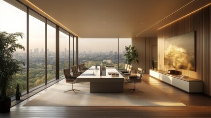 Fototapeta premium Modern Conference Room with Panoramic City View Generative AI
