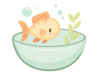 Cute cartoon fish swimming in a bowl with bubbles and a green plant, perfect for children's illustrations and aquatic themes.