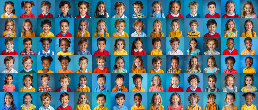 People - Young children in school portraits - a grid of 84 unique square headshots of a variety of diverse, smiling, friendly young kids against a classic blue school portrait background - 88MP XXXL