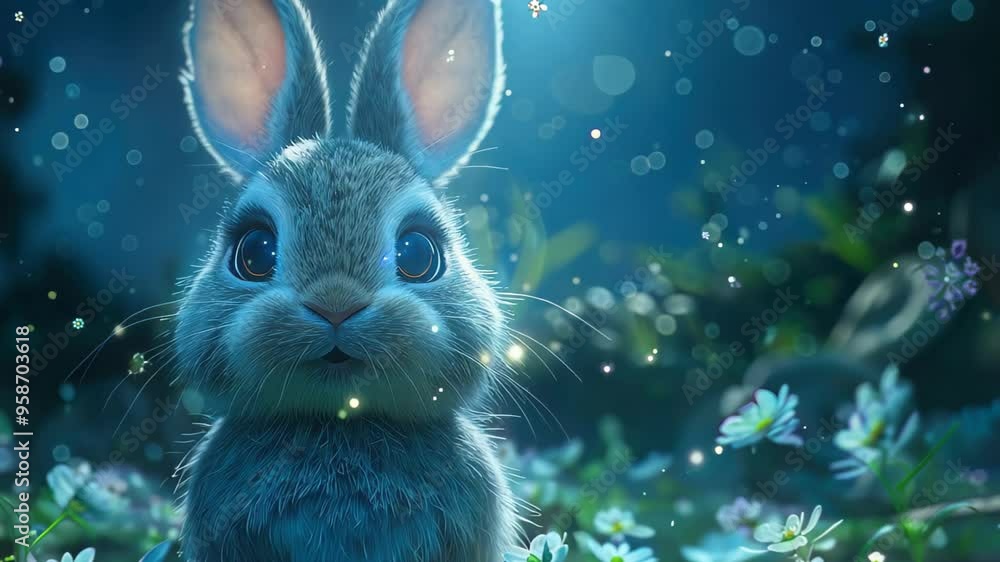 Poster a fluffy rabbit sits in a lush forest, surrounded by delicate flowers. soft light filters through th