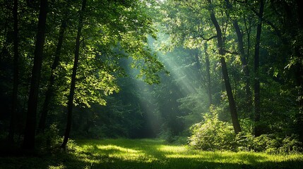 Fototapeta premium Lush Green Forest with Captivating Sunbeams Illuminating the Scenic Landscape