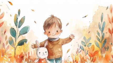 An autumn illustration shows a boy with a rabbit in a cozy field. The scene is colorful, charming, and peaceful, celebrating nature's beauty and simple joys.