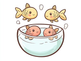 Cute illustration of four happy fish swimming in a bowl, showcasing cheerful aquatic life and friendly interaction.