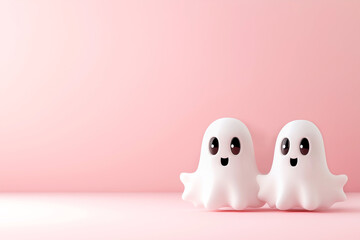 Two adorable cartoon-style ghosts stand together against a soft pastel pink background, creating a fun and friendly Halloween atmosphere
