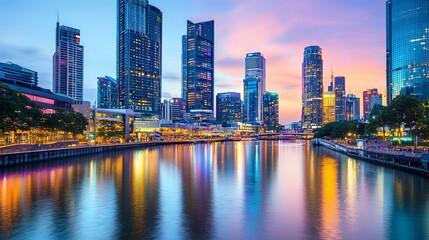 Majestic Cityscape Reflecting in Glimmering River at Dusk