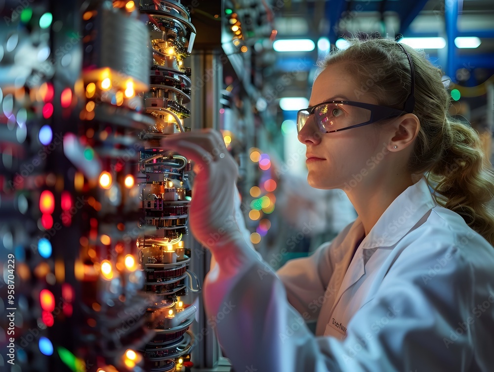 Poster scientists conduct cutting edge quantum computing research in high tech laboratory