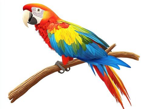 Vibrant parrot perched on a branch, showcasing a stunning array of red, blue, and yellow feathers. Perfect for wildlife themes.