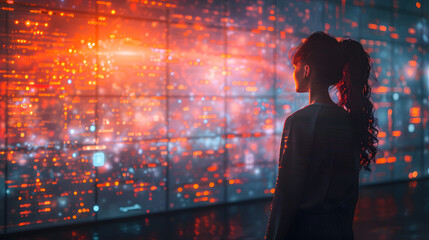 A woman stands before a glowing digital data wall in a futuristic environment, analyzing complex information with neon light effects