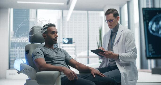 Futuristic Laboratory: Male Patient Wearing Headset for an Advanced Brain Scan, Monitored by a Doctor Using Digital Tablet Computer. Neural Disease Research and Cognitive Optimization Using Technology