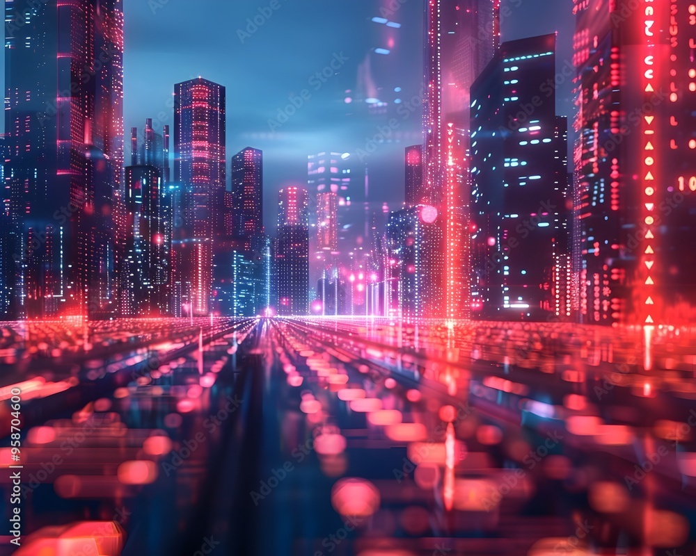 Poster futuristic quantum powered metropolis with holograms and advanced infrastructure symbolizing a high 