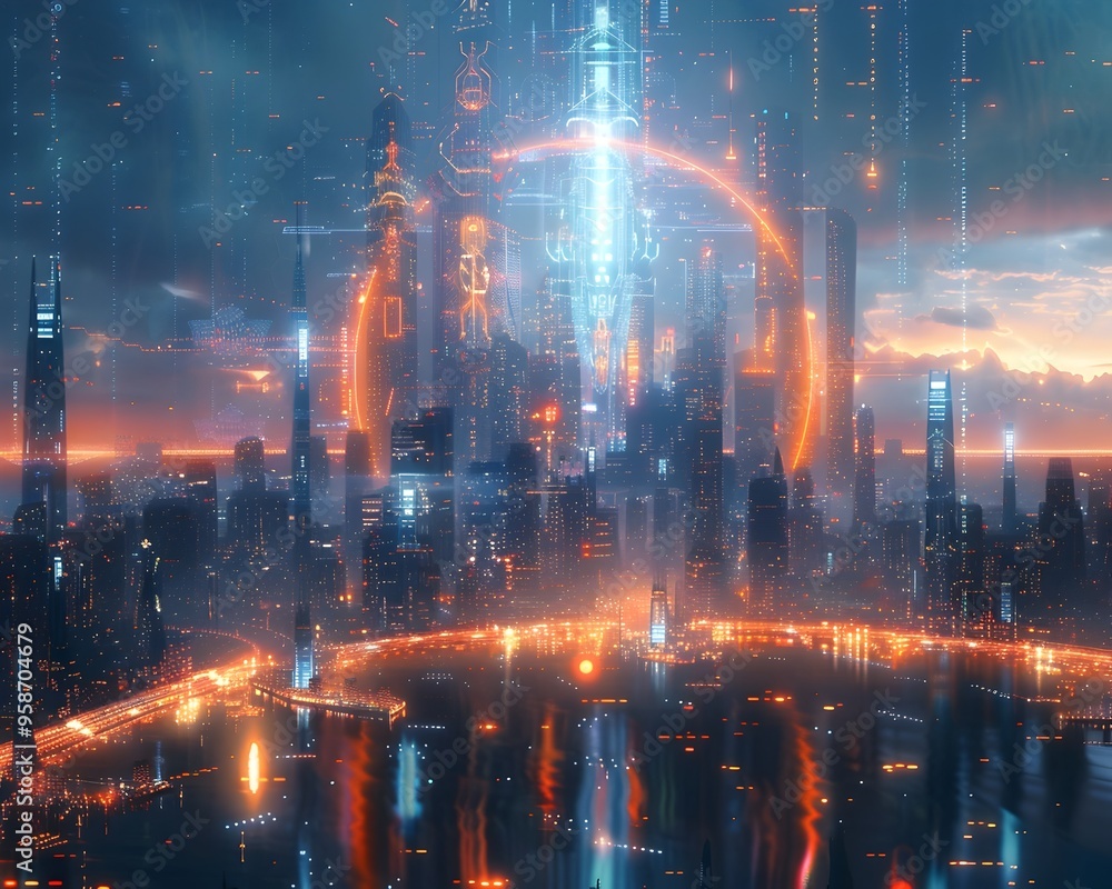 Poster futuristic quantum powered tech utopia city with glowing digital holograms and advanced infrastructu