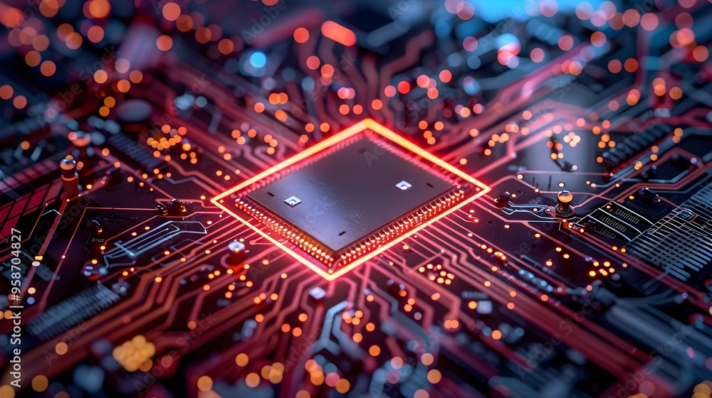 Poster sleek quantum processor chip with intricate circuit designs representing the heart of quantum techno