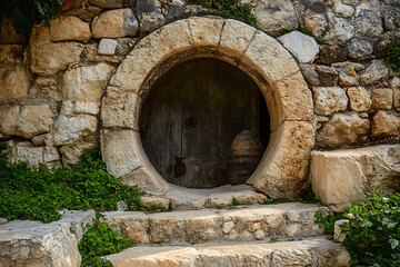 A stone cave featuring a round entrance and a large, round stone door, reminiscent of ancient burial sites or biblical tombs