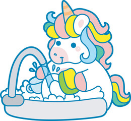 Illustration of cute unicorn activities icon.
Funny rainbow unicorn daily routine stickers.