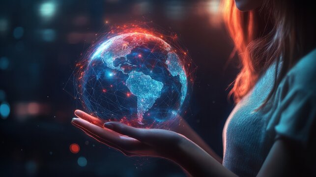 Metaverse Virtual Technology.Woman hand holding global network connection. Internet communication, Wireless connection technology. Futuristic technology with polygonal shapes. : Generative AI