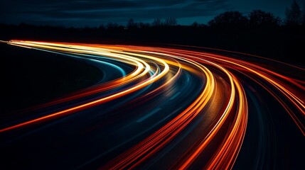 Mesmerizing Luminous Trails of Motion on Darkened Nighttime Highway Landscape