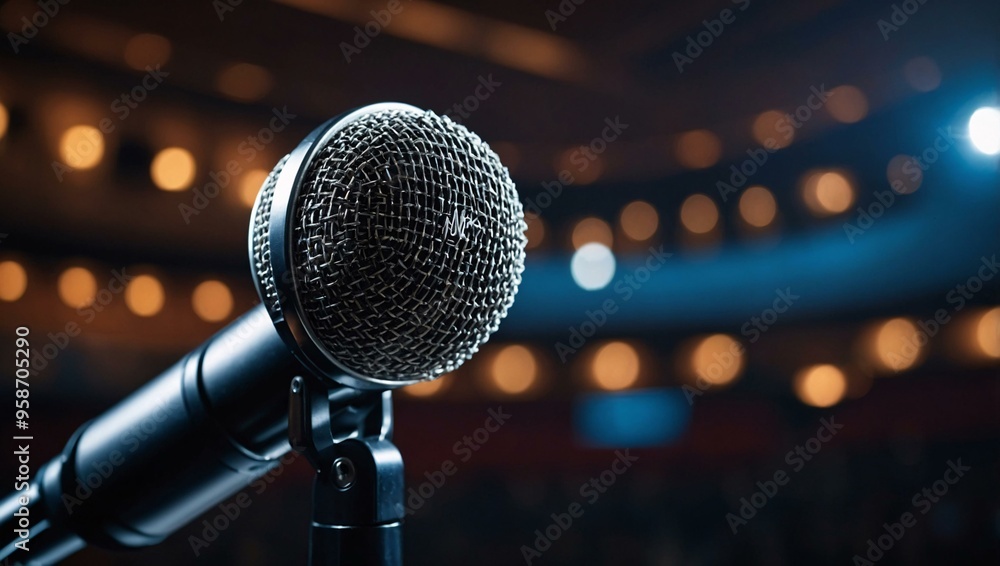 Poster stylish microphone highlighted with an enchanting backdrop for presentations.