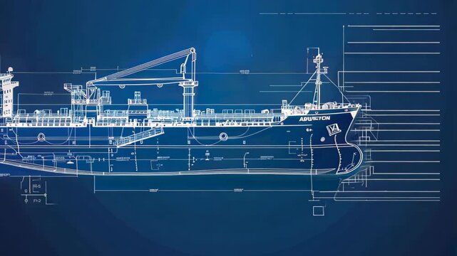 A detailed digital blueprint of a large cargo ship, showcasing a precise side view with annotations on structural components. Ideal for maritime projects and educational materials.
