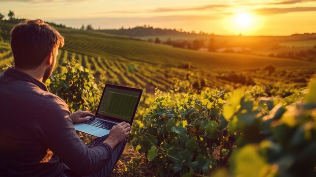 Modern agriculture technology with a person using a laptop to analyze data on sustainable farming practices at sunset in a vineyard