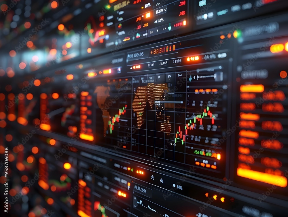 Aufkleber futuristic quantum computer interface showcasing real time financial market simulations and analytic