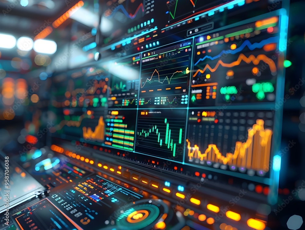 Poster quantum computer interface displaying real time financial market simulations for economics