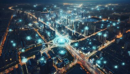 Smart City Network  Connected Urban Landscape at Night