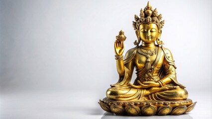 Fototapeta premium Gilded metal statue of Avalokiteshvara a Buddhist deity displayed on a white background at eye level, statue, gold, divine figure, Buddhism, meditation, religious, compassion
