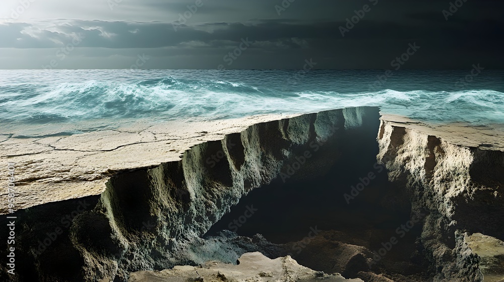 Poster tectonic plate boundary with simulation overlay depicting continental drift and ocean basin formatio