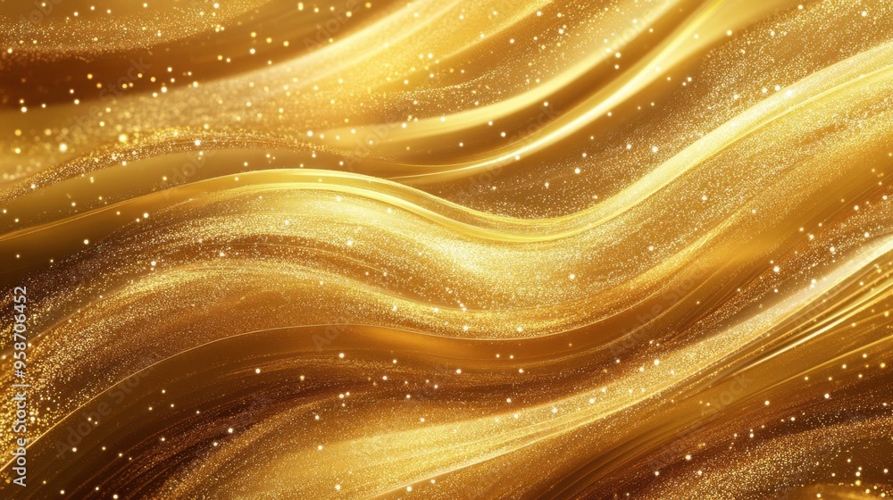 Poster a background of flowing golden waves with sparkling highlights, perfect for a glamorous and high-end