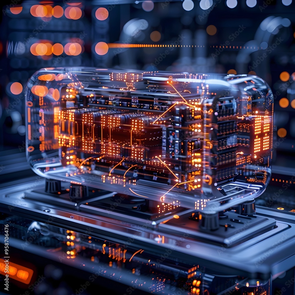 Poster quantum computer optimizing renewable energy grid management symbolizing sustainable technology conc