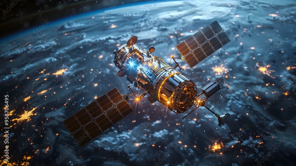Poster quantum computer integrated into spacecraft s navigation system representing advancements in space