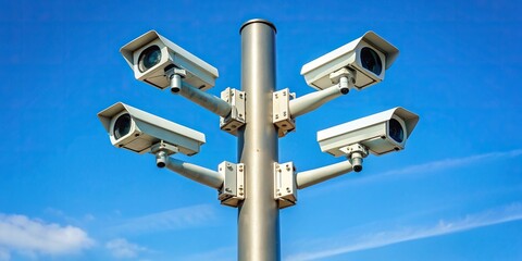 metal, pole, safety, monitoring, cityscape, technology, outdoor, surveillance equipment, control, watch, Four CCTV cameras mounted on a metal light pole against a clear blue sky background