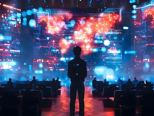 Futuristic Quantum Computing Conference with Holographic Presentations and Global Participation Showcasing Innovative Tech Events