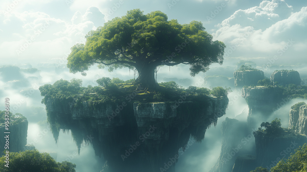 Poster a tree is growing on a floating island in the sky. the sky is cloudy and the tree is surrounded by f