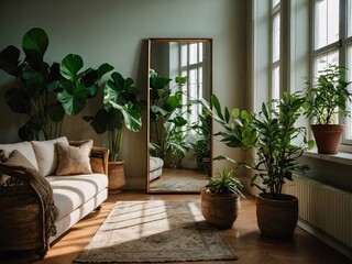 Sunlit room with a leaning mirror and lush green plant.