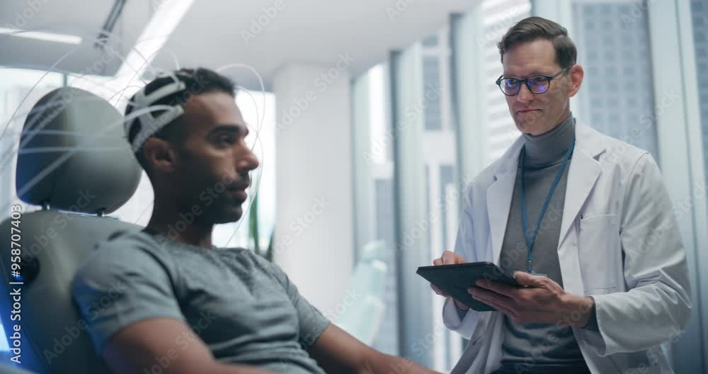Poster Futuristic Laboratory: Male Patient Wearing Headset for an Advanced Brain Scan, Monitored by a Doctor Using Digital Tablet Computer. Neural Disease Research and Cognitive Optimization Using Technology