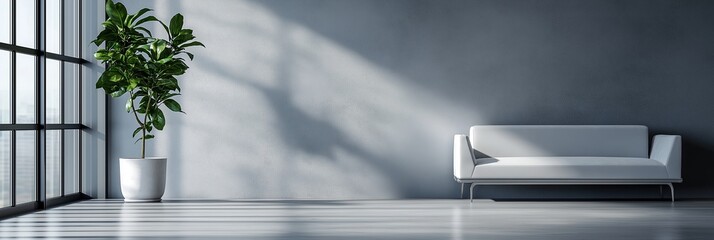 Obraz premium A modern interior featuring a concrete wall, large window, green plant, and a white sofa bathed in natural light.