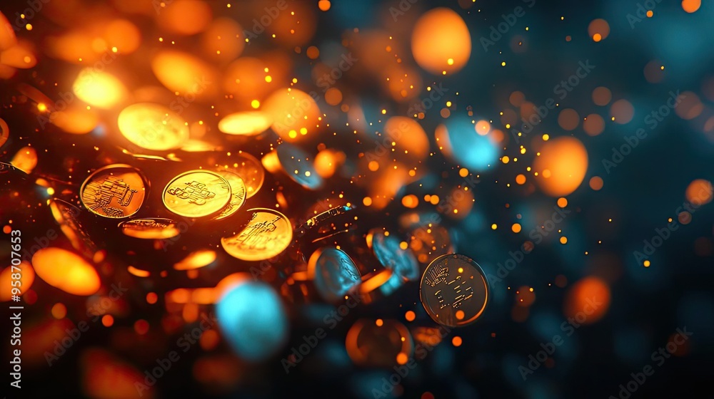 Poster shimmering gold coins scattered among vibrant glowing lights, creating a magical and dynamic atmosph