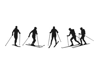 cross-country skiing silhouette. athletes skiers cross-country skiing race black silhouette. set of silhouettes of athletes cross-country skiing in various poses isolated on a white background.